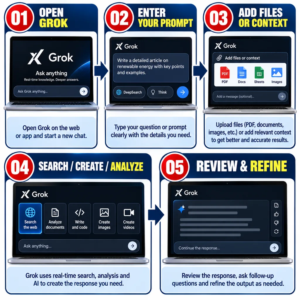 Steps to use Grok AI for search research files and content creation